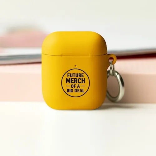A yellow Airpods case with black text that says Future Merch of a Big Deal representing tech accessory promotional products available in our store for same-day online ordering in San Diego .